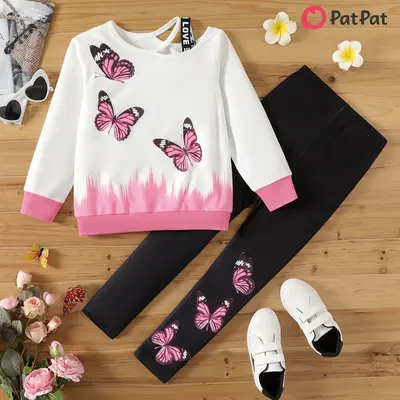 PatPat 2pcs Kid Girl Butterfly Print Colorblock Cut Out Sweatshirt and Elasticized Leggings Set