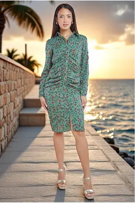 City Goddess Floral Print Shirt Dress - Sage Green