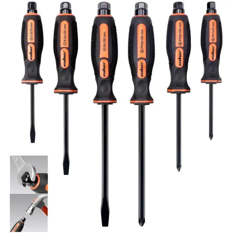 HORUSDY 6-Pieces Magnetic Screwdriver Set, 3 Phillips and 3 Flat Head Tips Screwdriver for Fastening, Chiselling and Loosenin...