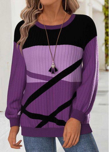 Modlily Purple Tummy Coverage Geometric Print Long Sleeve Sweatshirt - L