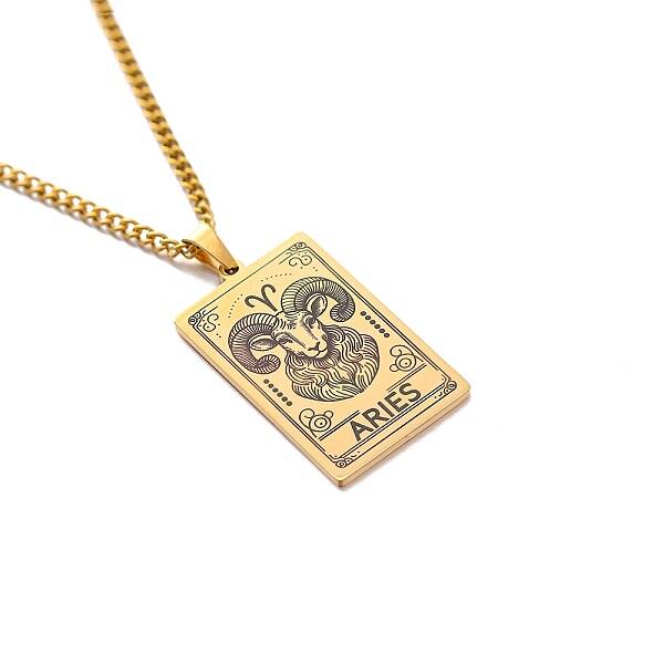 304 Stainless Steel Curb Chain Rectangle with Constellation Pendant Necklaces