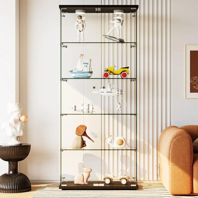 GARVEE Glass Display Cabinet with LED Lights 32L x 14W x 74H Tempered Glass Display Case, 5 Adjustable Lighted Bar Shel...