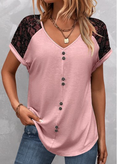 Modlily Pink Patchwork Short Sleeve V Neck T Shirt - M