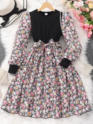 Girl's Ditsy Floral Print Patchwork Belted A Line Dress, Casual Bishop Sleeve Round Neck Dress for Fall & Winter, Kids Cloth...