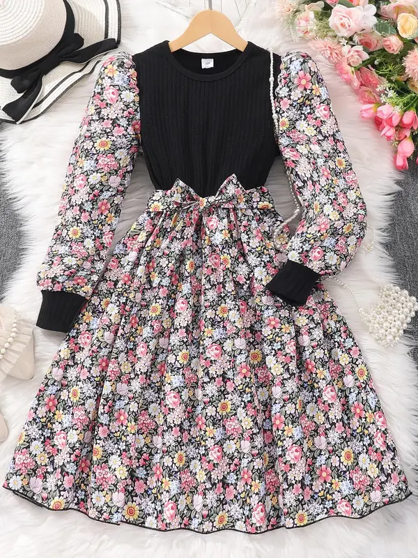 Girl's Ditsy Floral Print Patchwork  Belted A Line Dress, Casual Bishop Sleeve Round Neck Dress for Fall & Winter, Kids Cloth...