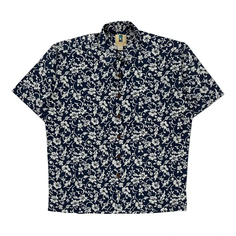 Kahala Hawaiian Shirt - Large Navy Cotton