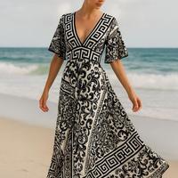 Elegant Boho Maxi Dress for Women - Silk Fabric, Deep V Neck, Adjustable Fit, Lightweight, Summer & Spring Style, Beach & Vac...