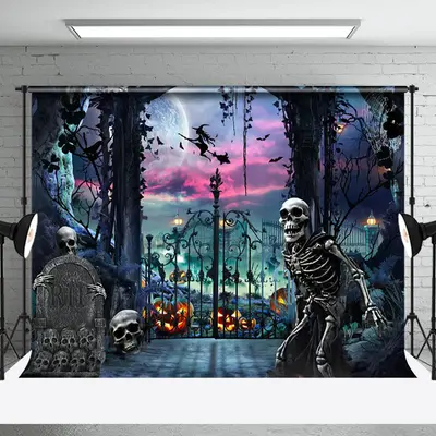 Aperturee Skull Grave Purple Vibe Moon Halloween Backdrop - Aperturee