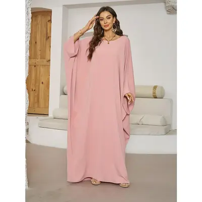 Solid Color Batwing Sleeve Modest Dress, Elegant Crew Neck Maxi Length Dress, Women's Clothing Casual Womenswear Aesthetic Ch...