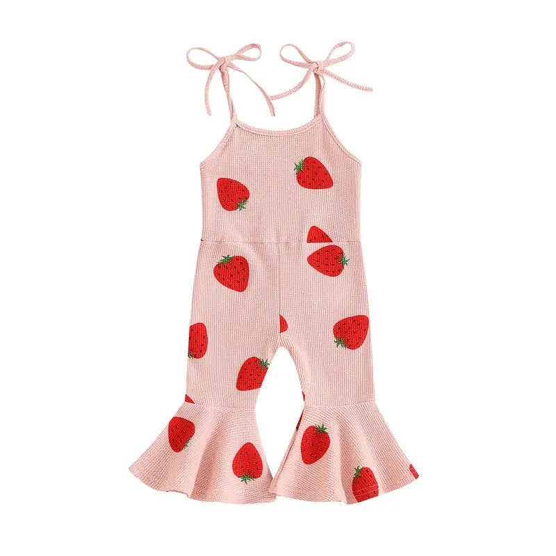 Toddler Girl Bell Bottom Jumpsuit Strawberry Print Romper Baby Spaghetti Straps Overalls Flare Pants Kid Playsuit