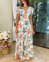 Floral Print V Neck Puff Sleeve Maxi Dress A-Line Flowy Casual Dress With Pockets