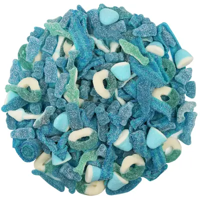 BLUE MIX SOUR GUMMIES 2 LB BAGBears, Belts, Rings, Twists, Bottles, Sharks, Gummy Drops, Twists, Slices, Laces, Piglets Sweet...