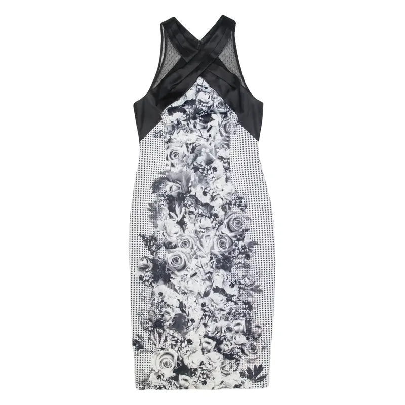 KAREN MILLEN Womens Pencil Dress Black Floral Sleeveless Midi UK 10