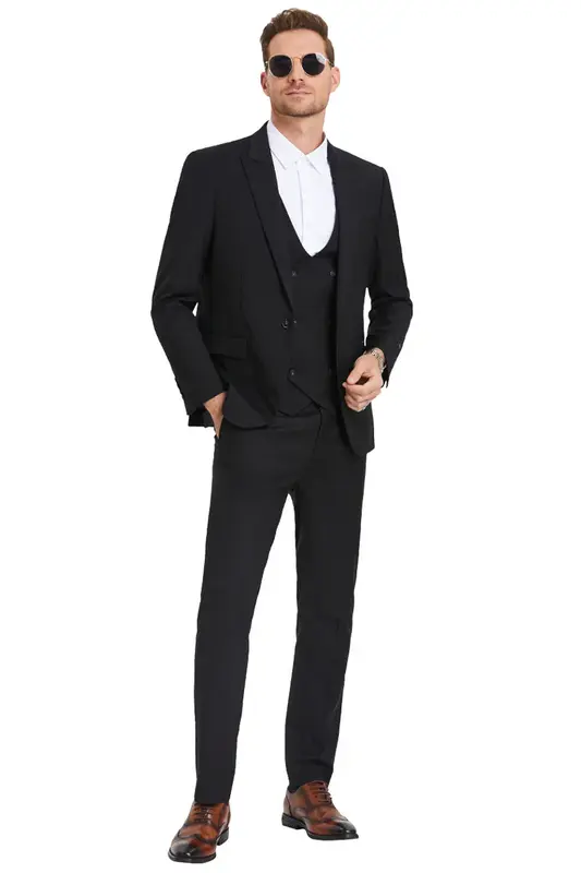 Black Slim Fit Men's Wedding Suit - One Button Peak Lapel Vest