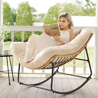【FallDealsForYou】ONBRILL Outdoor Rocking Chairs, Oversized Papasan Rocking Chair Indoors with Padded Cushions, Rattan Wic...
