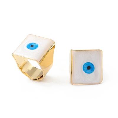 Square Enamel with Evil Eye Wide Band Finger Rings