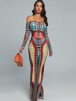 Off-shoulder Printed bodycon Dress Casual Comfort Womenswear Women Lady Casual Wear Summer Long Sleeve Maxi Underwear Longsle...