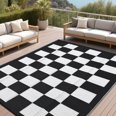 Garvee 9x12 Waterproof Camping Rug - Non-Slip, Fade-Resistant - Heavy-Duty Plastic - Easy-Clean, Stain-Resistant - Black & Gr...