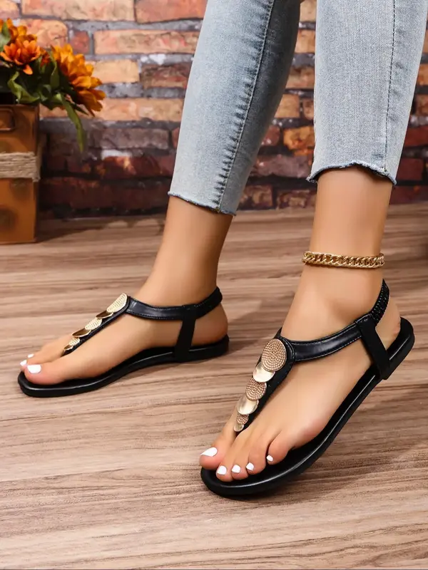 Women's Summer 2024 Fashion Metal Design Slip on Flat Sandals, Casual Toe Thong Sandals, Lightweight Breathable Comfortable ...