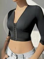 SY Fajas 1 Count Women's Sexy V Neck Half Sleeve Corset Top, Solid Color Fashion Slim Fit Casual Shaperwear Tops, Hooks Front...