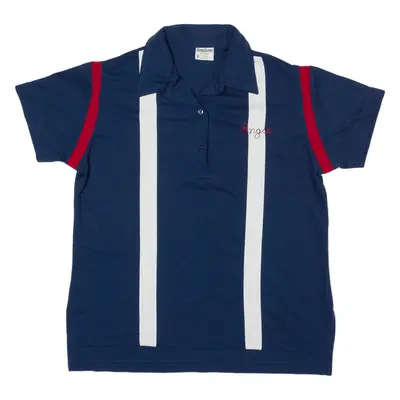 KING LOUIE Bowling Polo Shirt Blue 90s Striped Short Sleeve Womens L