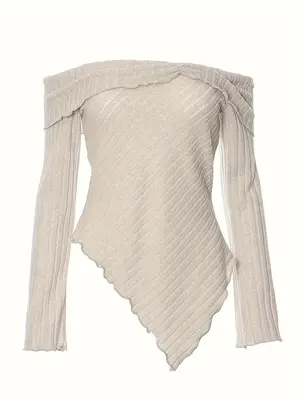 Women's Plain Lettuce Trim Off Shoulder Sweater, Casual Asymmetrical Hem Long Sleeve Jumper for Daily Outdoor Wear, Ladies Kn...