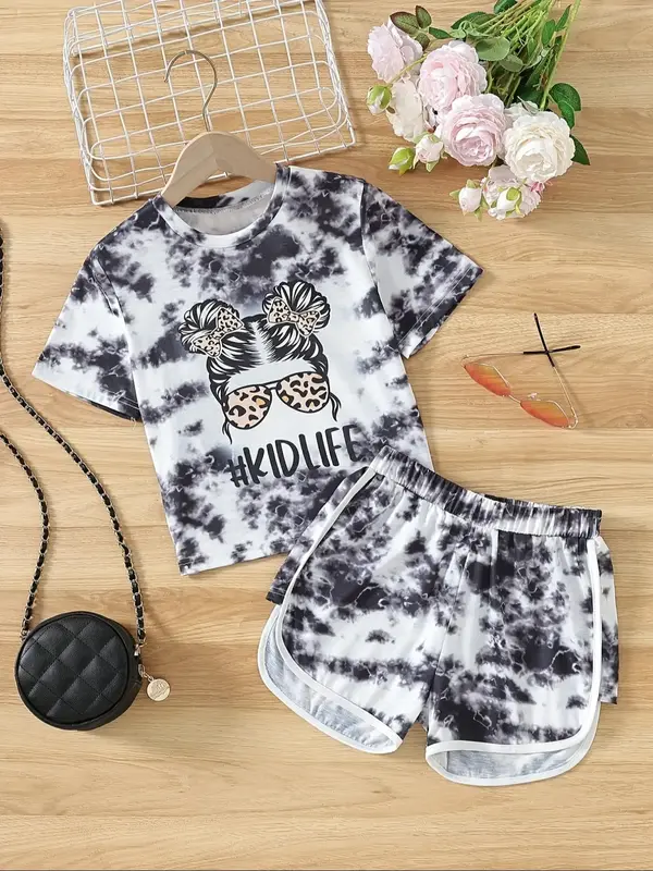 Girl's Tie Dye Print Tee & Shorts Two-piece Set, Casual Round Neck Short Sleeve T-shirt & Shorts, Summer Clothes for Kids Out...