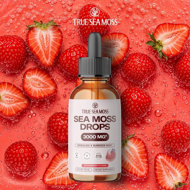 TrueSeaMoss Irish Sea Moss Drops – Strawberry Flavor – 5X Stronger Than Sea Moss Gel – With Bladderwrack, Burdock Root ...