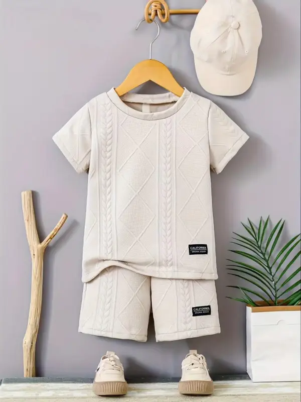 Two-piece Set Boy's Letter Patched  Short Sleeve Crew Neck  Top &   Shorts, Casual Summer Clothes for Kids