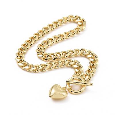 Brass Heart Pendant Necklace with Curb Chains for Women