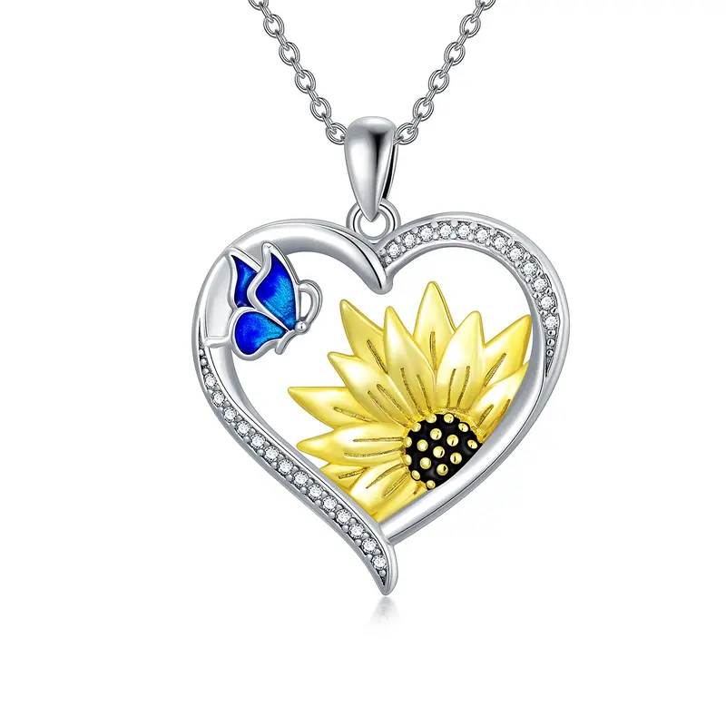 Sterling Silver Two-Tone Butterfly With Sunflower With Heart Pendant Necklace For Women Best Friend
