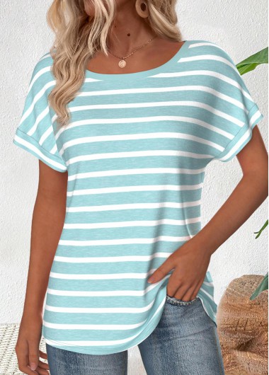 Modlily Light Pink Striped Short Sleeve Boat Neck T Shirt - S