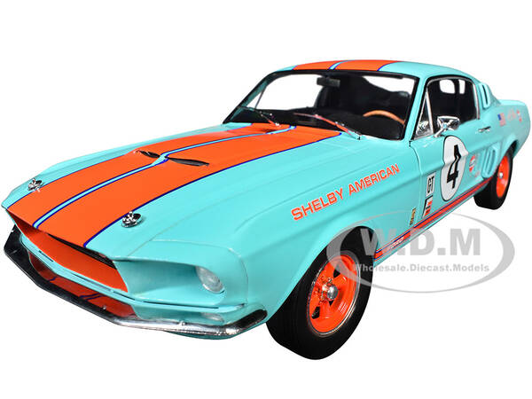 1967 Shelby GT500 #4 Gulf Racing Tribute Light Blue with Orange Stripes 1/18 Diecast Model Car by Solido