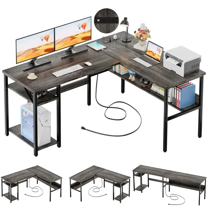 Homieasy Reversible L Shaped Gaming Desk with Power Outlets and USB Charging Ports, Sturdy Computer Desk with Storage Shelf, ...