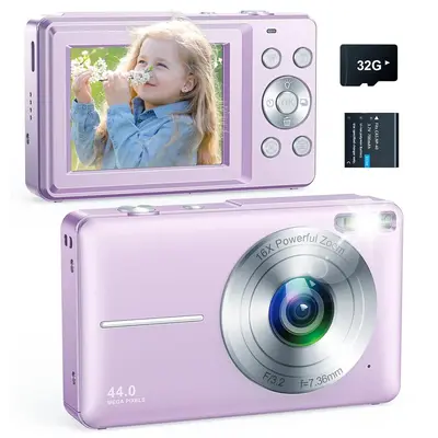 Digital Camera with 32G SD Card, Full HD 1080P Screen Video Camera, Purple/Pink Design 44MP Point & Shoot Camera with 16X Zoo...