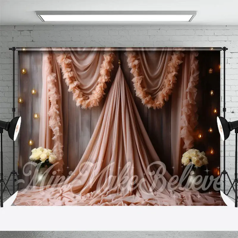 Wooden Wall Pink Gauze White Rose Floral Backdrop - Aperturee