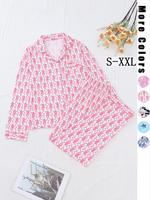 Two-piece Set Women's All Over Print Lapel Neck Pocket Shirt & Elastic Waist Pants Pyjama, Casual Comfy Long Sleeve Button Up...
