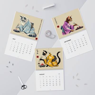 Cats In Kimonos Eating Sushi Calendar 2025 - Japan Cat Sumi-e Art, Ukiyo-e Inspired, Vibrant Monthly Wall Decor