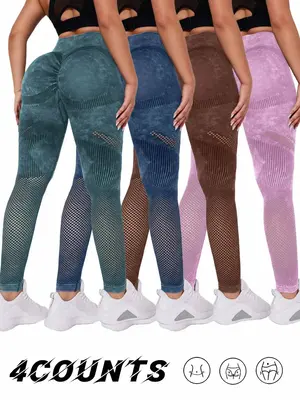 Women's Plain Hollow Out Ruched High Waist Sports Leggings, Casual Sporty High Stretch Washed Skinny Pants For Yoga Gym, Wome...