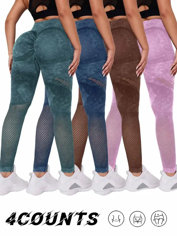 Women's Plain Hollow Out Ruched High Waist Sports Leggings, Casual Sporty High Stretch Washed Skinny Pants For Yoga Gym, Wome...