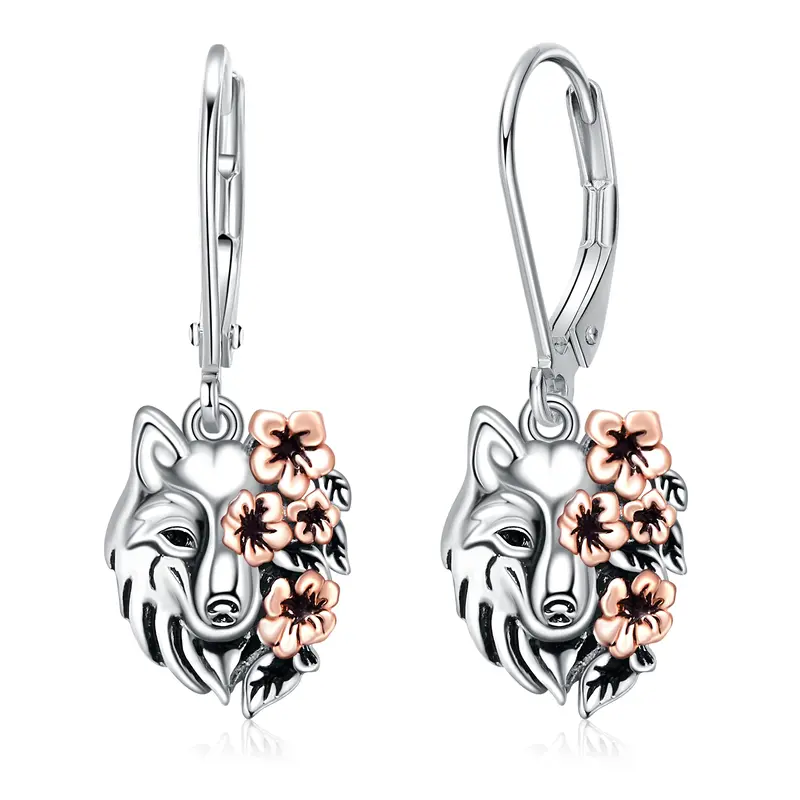 Sterling Silver Two-tone Wolf Lever-back Earrings