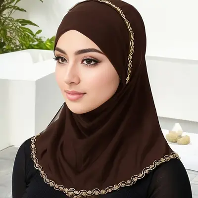 Lightweight yarn-dyed polyester hijab-elegant golden lace trim turban hat for women-ideal for Ramadan, prayer & daily wear