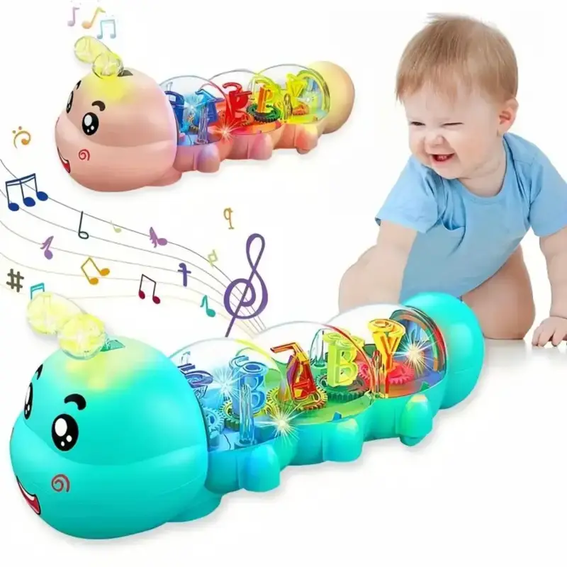 Cute Caterpillar Style Baby Crawling Toy with Lighting and Music and Automotive Steering, Transparent Shell & Internal Alphan...