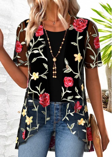 Modlily Black Floral Print Short Sleeve Cardigan and Tank Top - XXL
