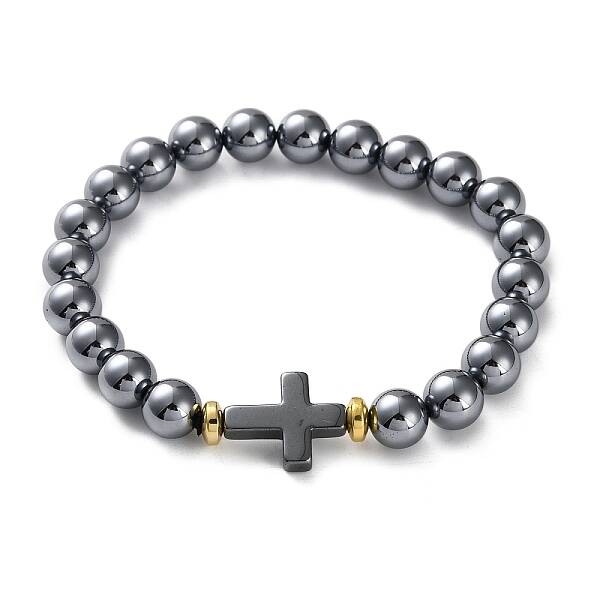 1Pc Natural Terahertz Stone & Non-magnetic Hematite Round Beaded Stretch Bracelets for Men Women
