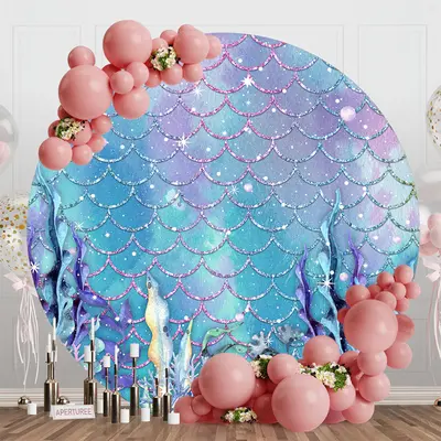 Blue Purple Mermaid Scales Round Birthday Backdrop - Aperturee