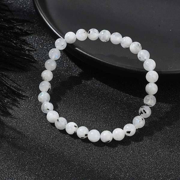 Natural Rainbow Moonstone Round Beaded Stretch Bracelet