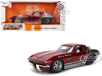 1963 Chevrolet Corvette Stingray Chevy Racing Red Metallic and Gray Bigtime Muscle Series 1/24 Diecast Model Car by Jada