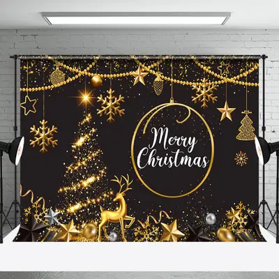 Aperturee Gold Sparkle Merry Christmas Black Xmas Backdrop - Aperturee