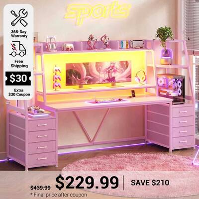 SEDETA | 78.7 Inch Gaming Desk with LED Lights Storage Shelves Computer Desk with 8 Drawers Monitor Stand Ergonomic Gaming Ta...